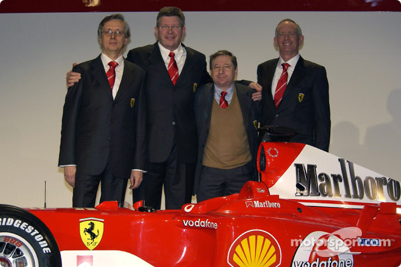 Paolo Martinelli, Ross Brawn, Jean Todt and Rory Byrne with the new Ferrari F2004